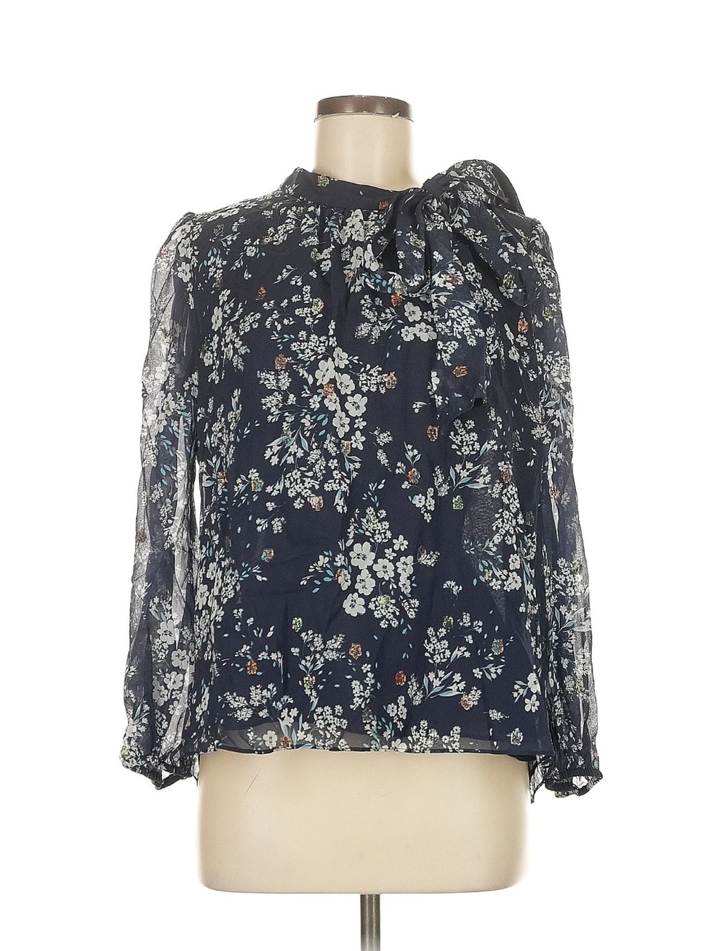 Shoshanna Navy Floral Bow-Detail Long-Sleeve Blouse